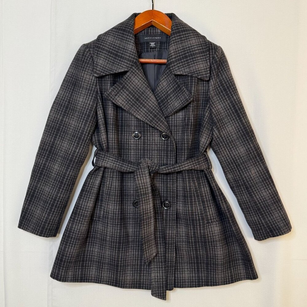 Y2K Apostrophe Wool Blend Black Gray Plaid Double Breast Belted Peacoat‎ Size 1X